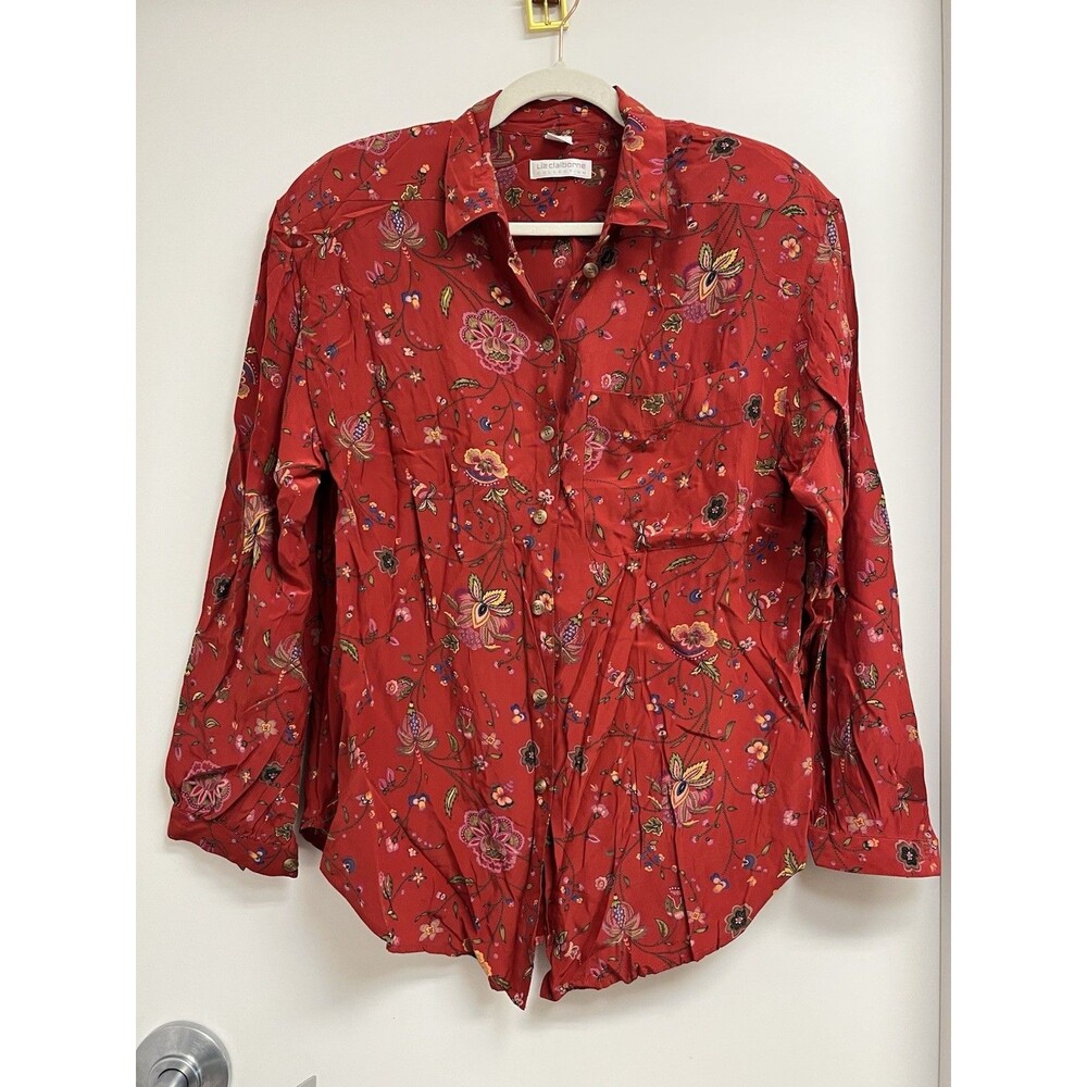 Vintage Liz Claiborne 100% Silk Floral Red Top Size 12